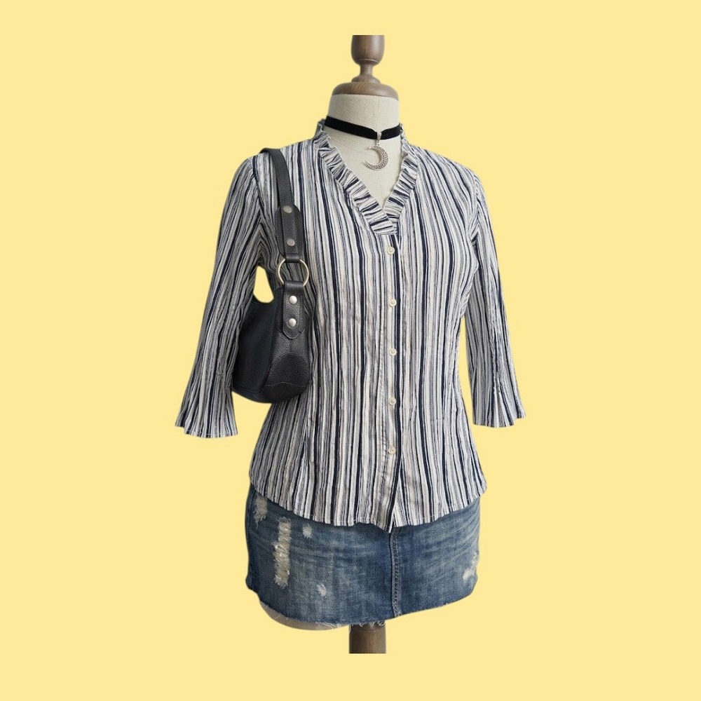 Blue White Striped Ruffle V-Neck Button Down Blouse Stretchy Fitted XLarge